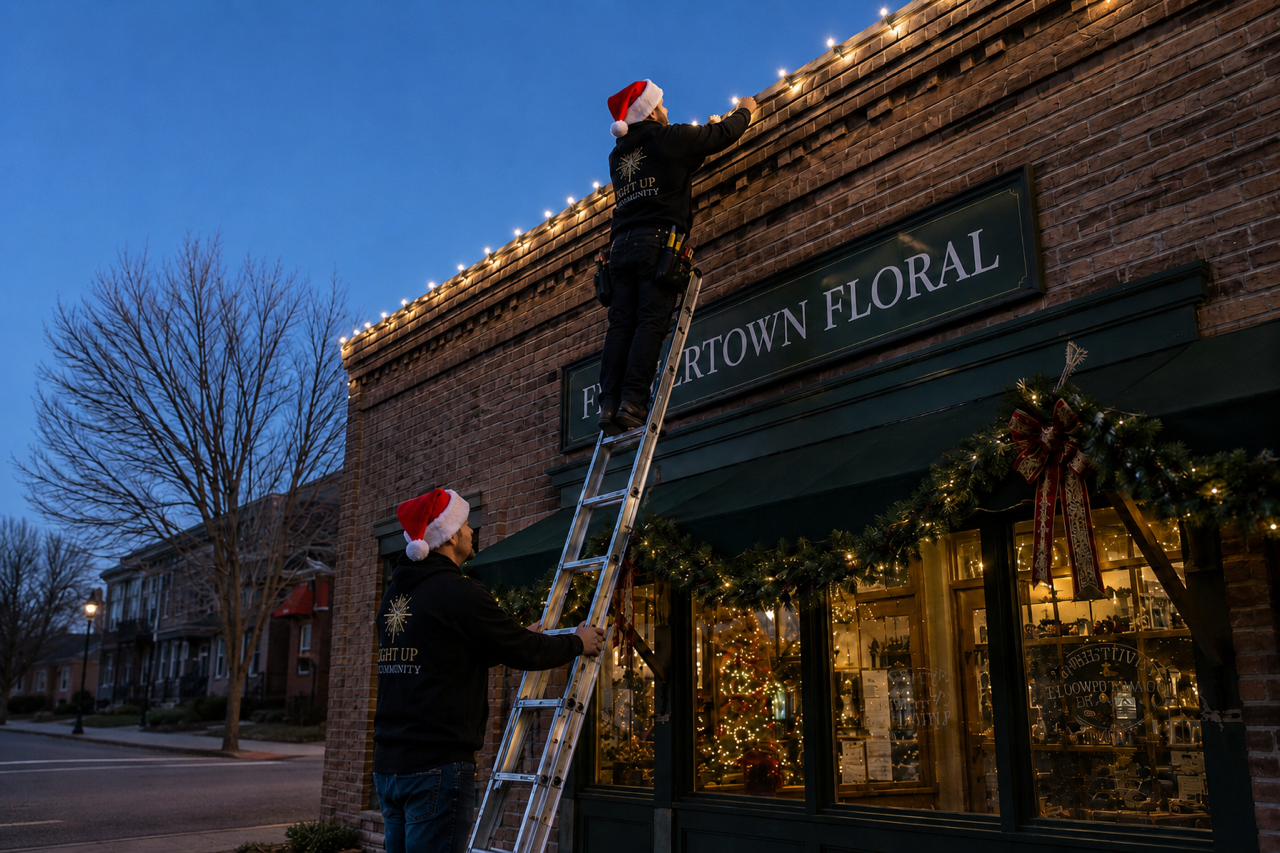 Light Up The Community crew installing Christmas lights on a downtown storefront at dusk